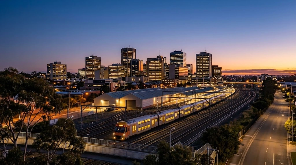 Liverpool city skyline and rail line at dusk