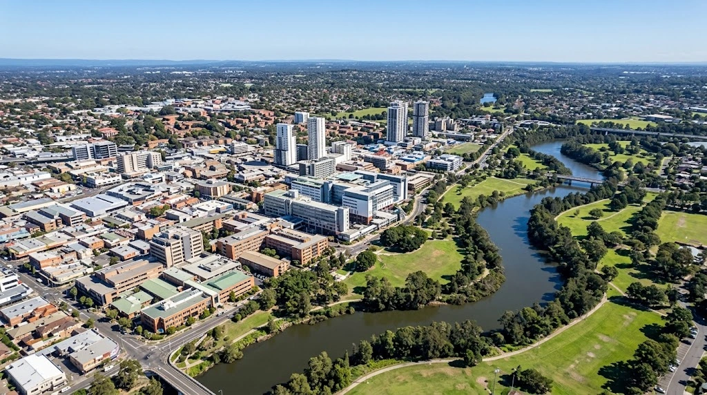 Liverpool city centre and Georges River aerial view