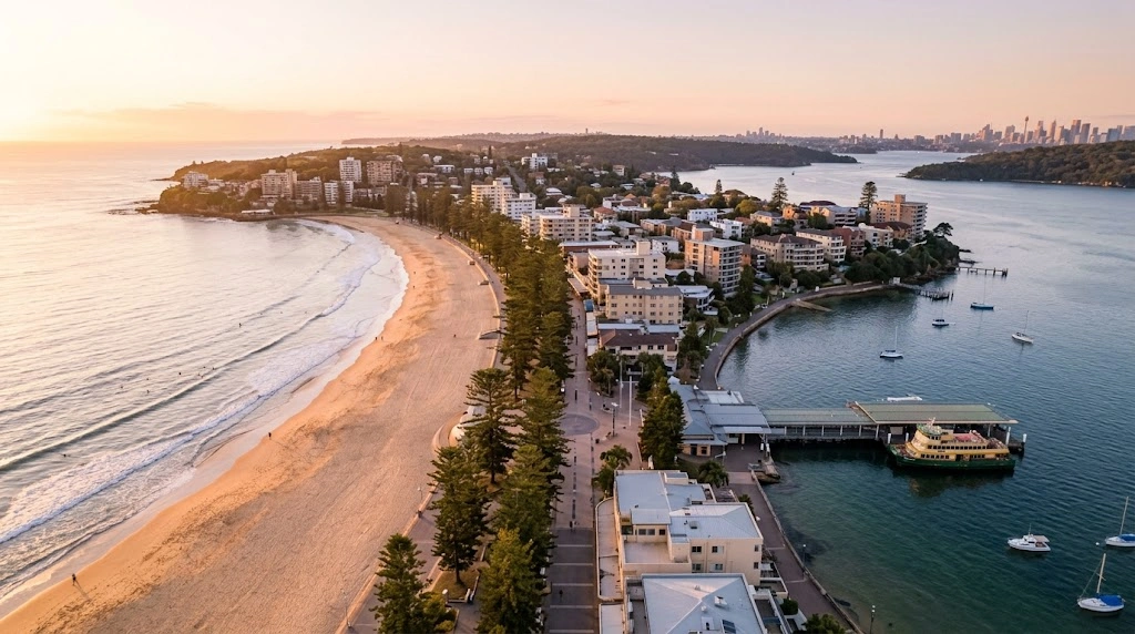 Manly Beach and The Corso aerial view at sunrise