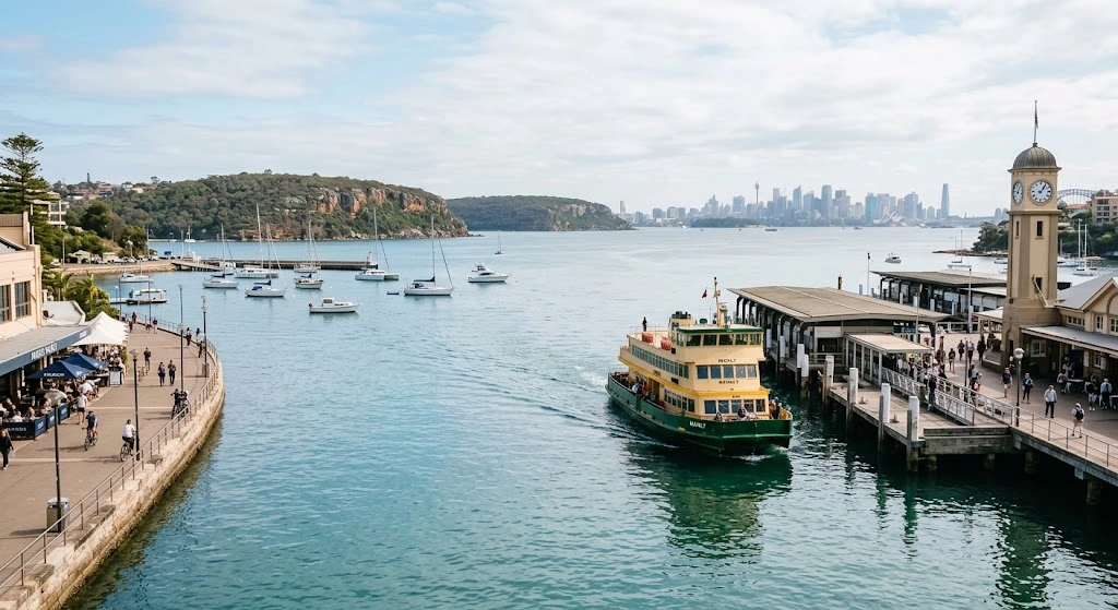 Harbour side Manly Cove with a ferry approaching
