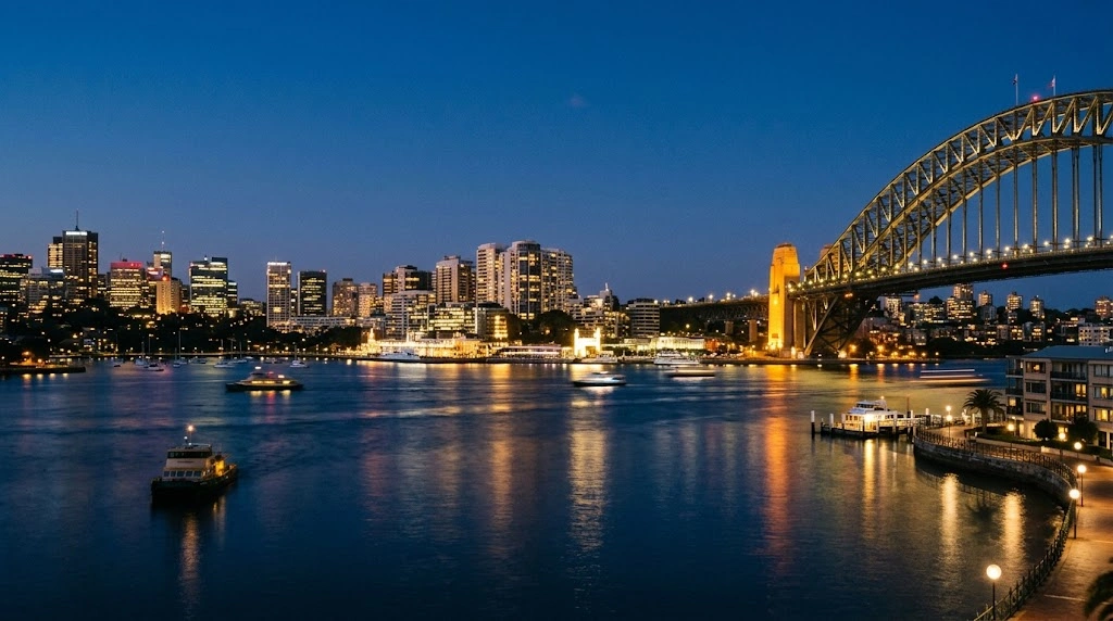 North Sydney harbour and bridge at blue hour