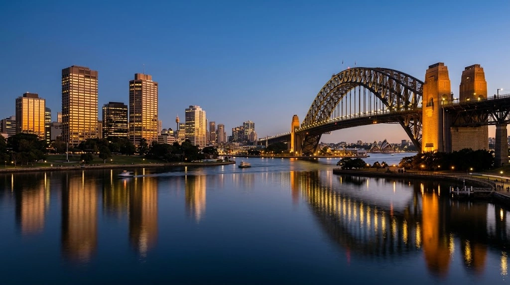 North Sydney harbour and bridge at blue hour