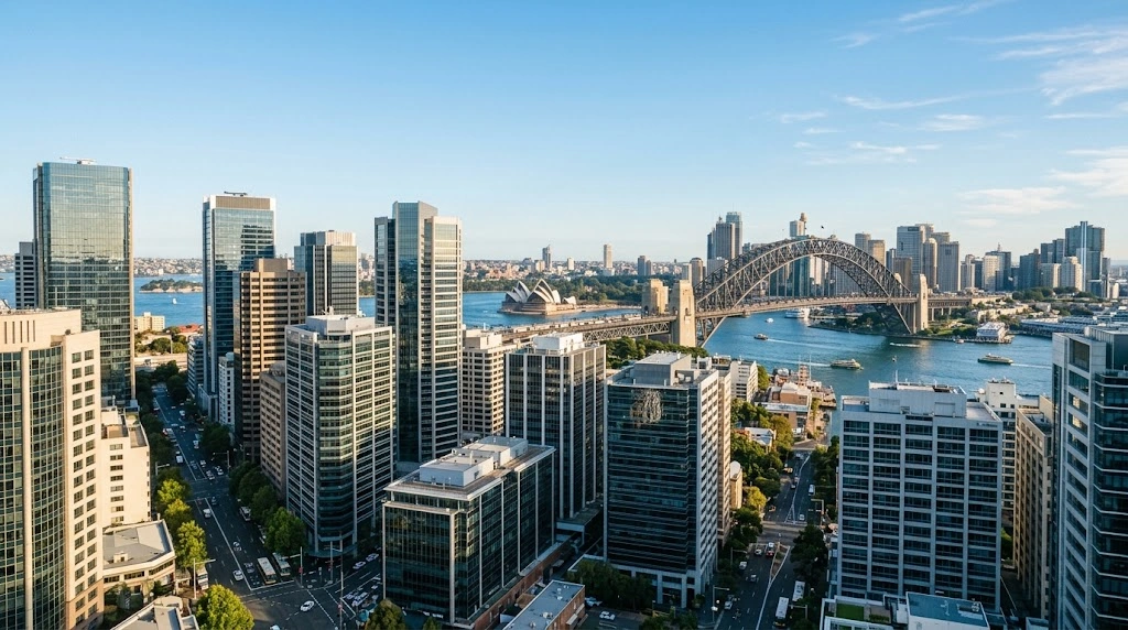 North Sydney corporate towers with the Harbour Bridge visible behind