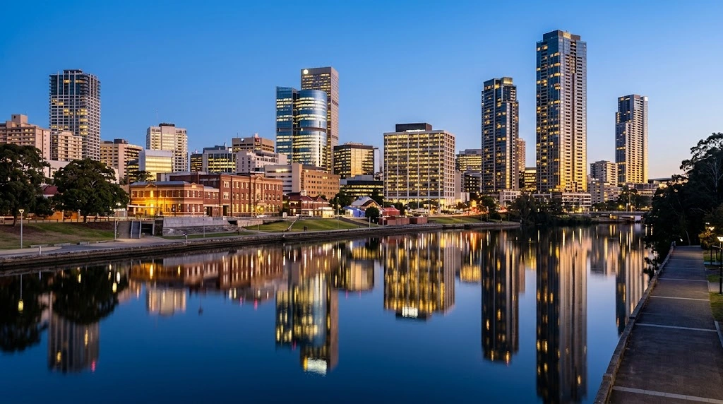 Towers reflected in the Parramatta River at blue hour