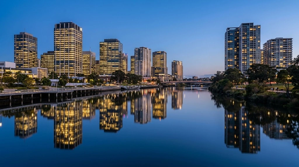 Towers reflected in the Parramatta River at blue hour