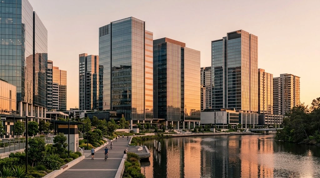 CBD towers beside Parramatta River in late afternoon