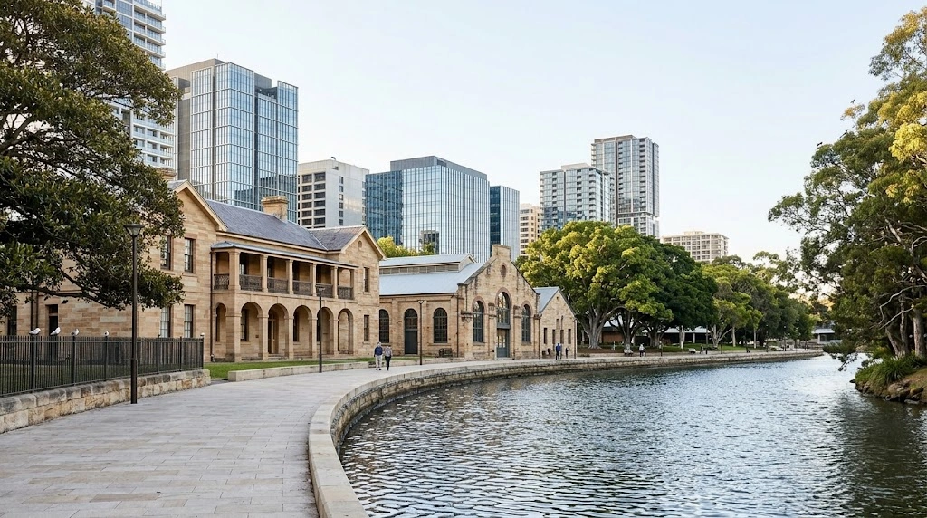 River foreshore promenade in Parramatta with heritage sandstone