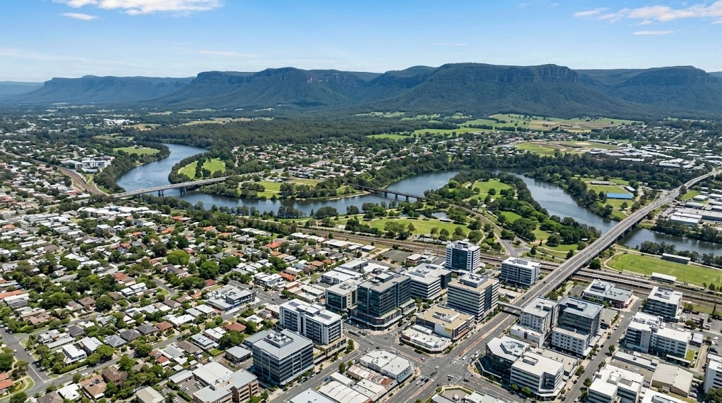 Penrith and the Nepean River with the Blue Mountains escarpment behind