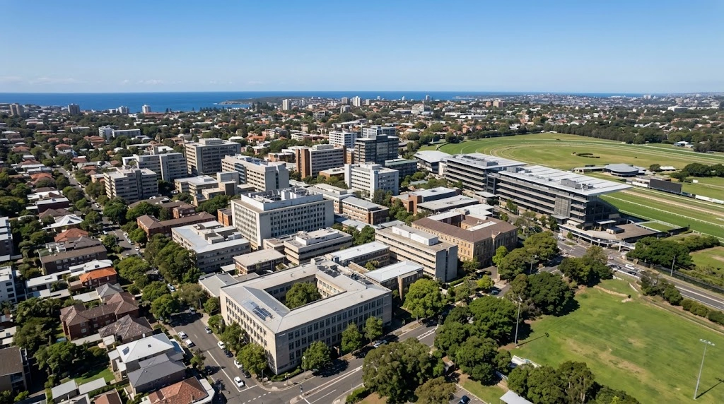 Randwick hospital precinct and racecourse with the ocean beyond
