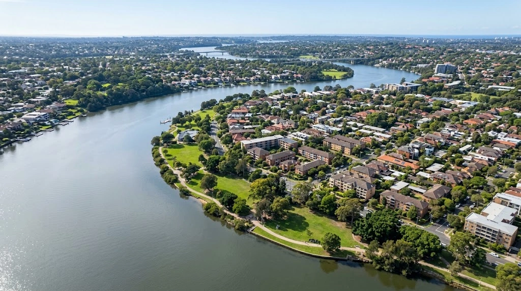 Ryde and the Parramatta River foreshore from above