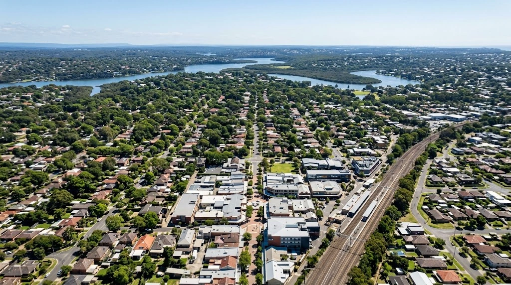 Leafy Sutherland Shire streets and Georges River from above