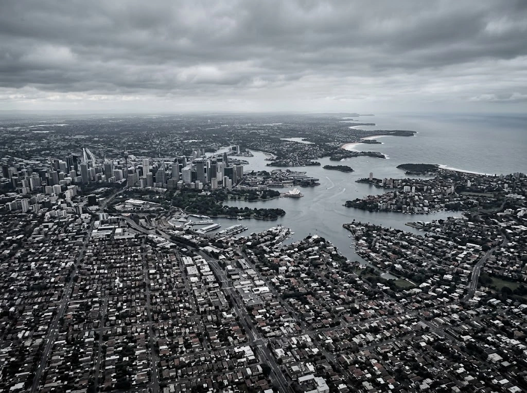 Aerial view of Sydney suburbs from CBD to Northern Beaches and Western Sydney