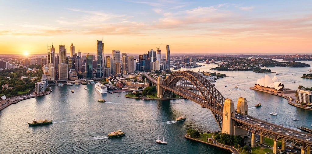 Sydney CBD skyline with Harbour Bridge and Opera House aerial view