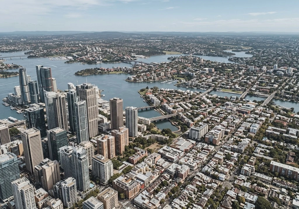 Sydney Harbour aerial showing CBD and inner west suburbs local search zones