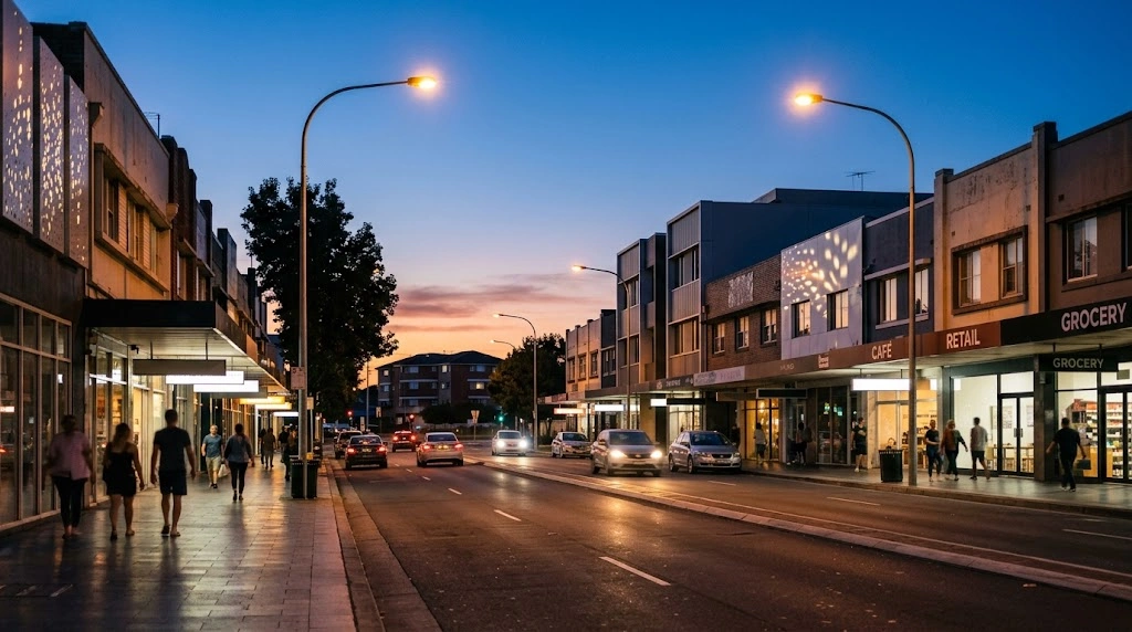 Warm street lights at dusk in Bankstown