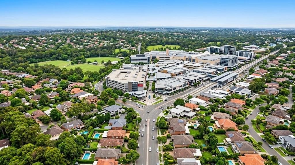 Castle Hill centre with leafy Hills District from above