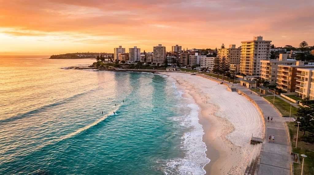 Cronulla Beach and esplanade from above at sunrise