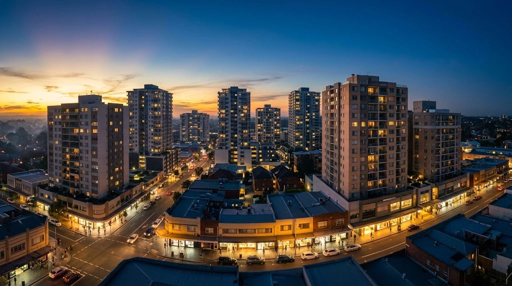 Town centre lights at dusk in Hurstville