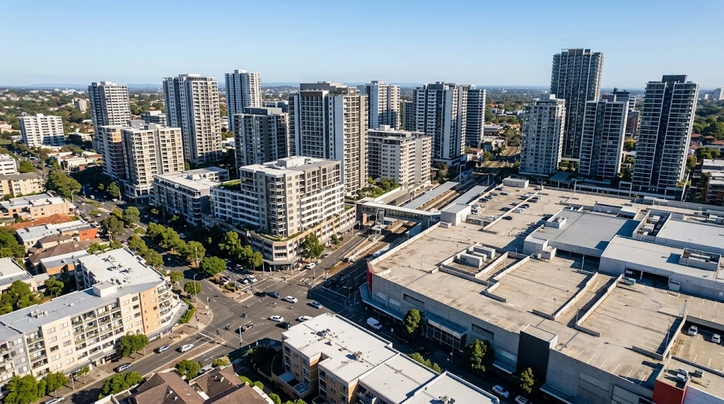 Hurstville station precinct and apartment towers from above