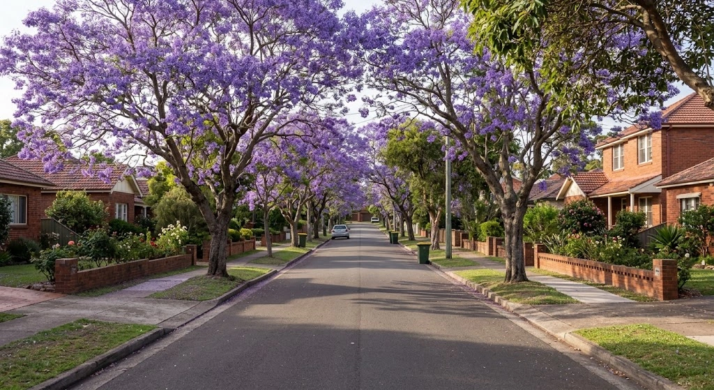 St George suburban street with jacaranda trees near Hurstville