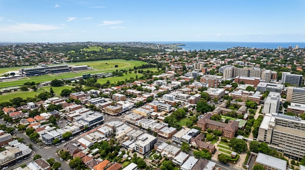 Randwick hospital precinct and racecourse with the ocean beyond