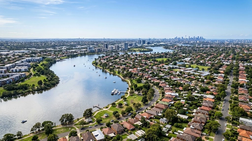 Ryde and the Parramatta River foreshore from above