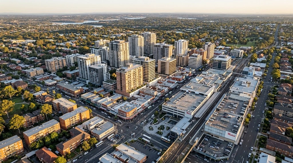 Hurstville CBD skyline and the St George district from above at golden hour
