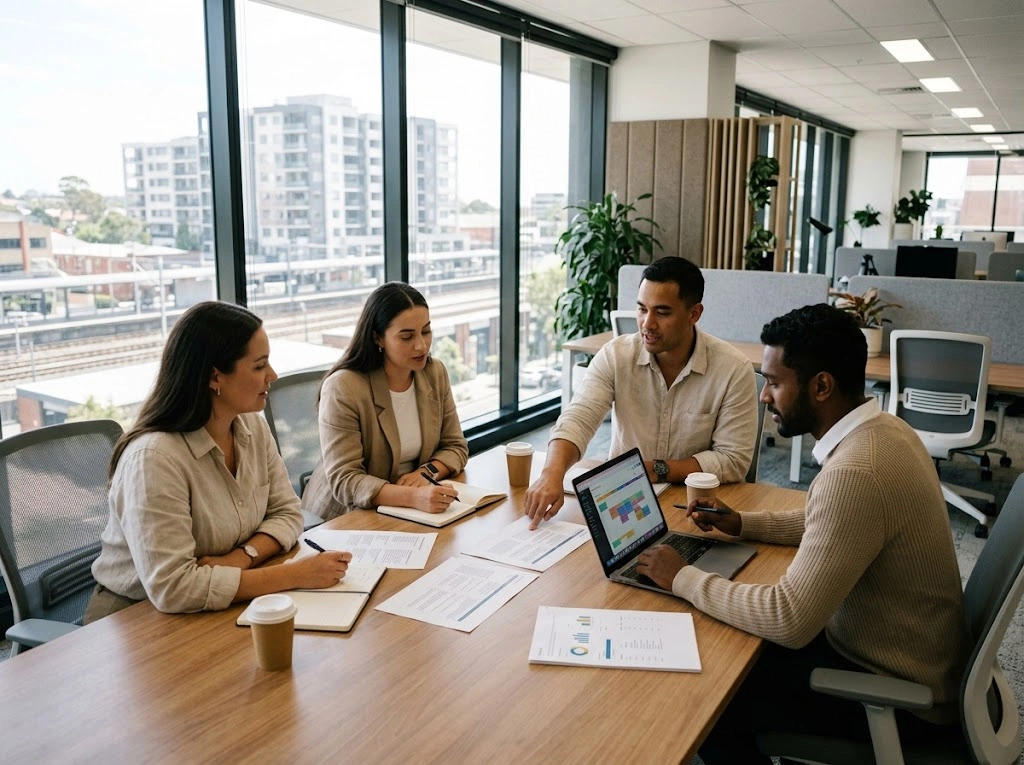 Professional content strategy session in a modern Hurstville commercial office