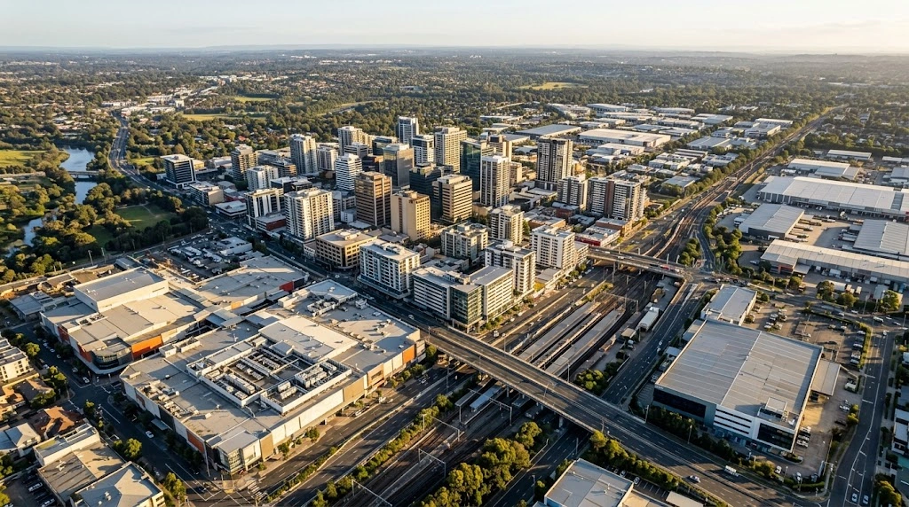 Liverpool CBD skyline and major commercial precincts from above at golden hour