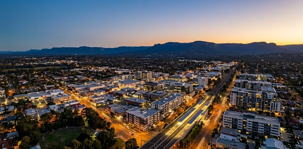 Penrith CBD skyline at dusk showing commercial density