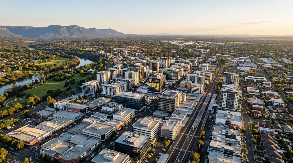 Penrith CBD skyline and the Blue Mountains from above at golden hour