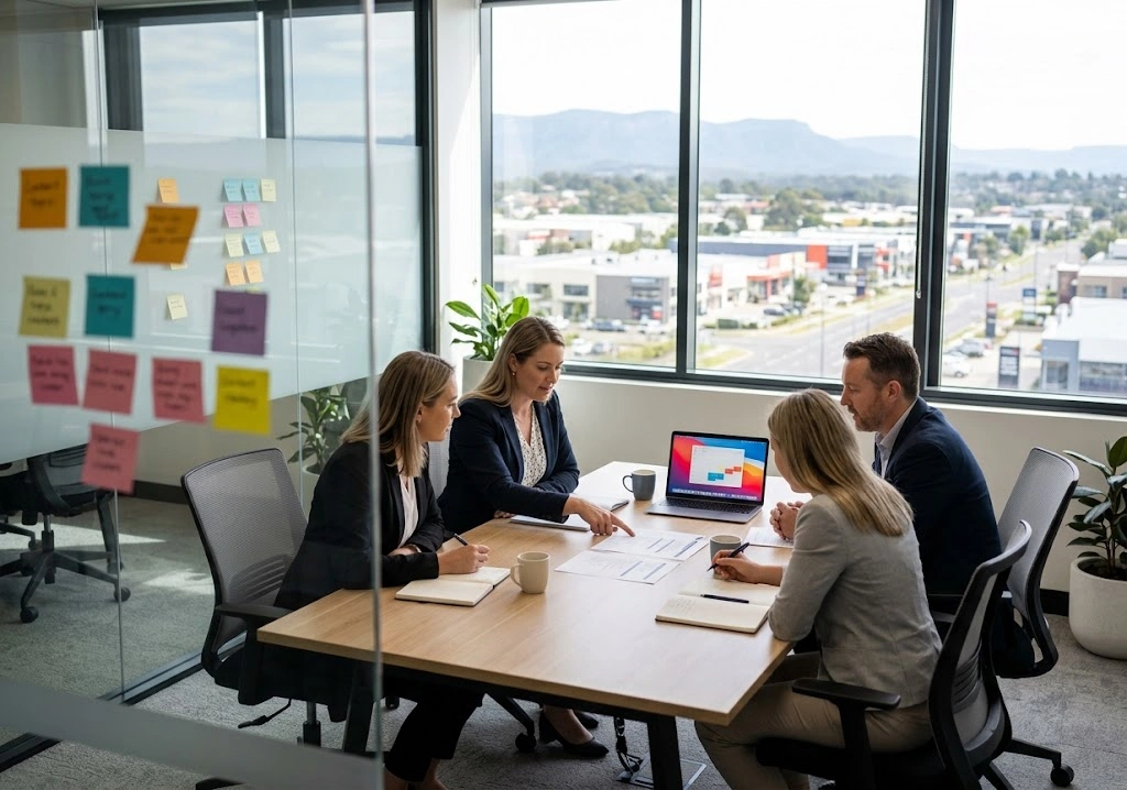 Professional content strategy session in a modern Penrith office