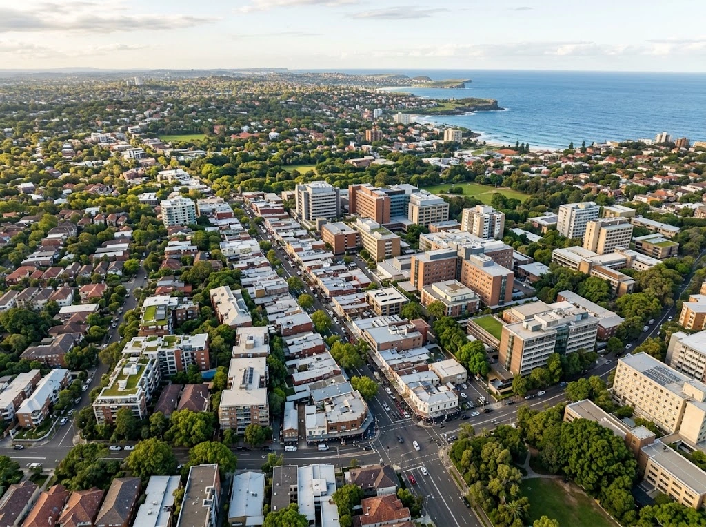 Randwick commercial zones and the Eastern Suburbs at dusk
