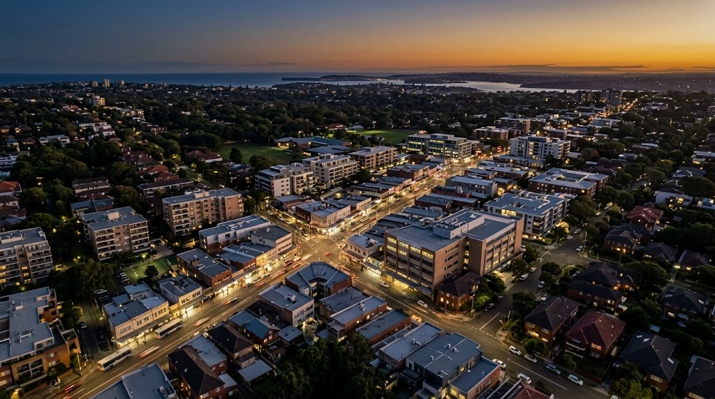 Randwick CBD skyline at dusk showing commercial density