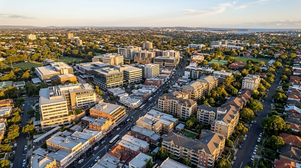 Randwick CBD and Belmore Road commercial precincts from above at golden hour