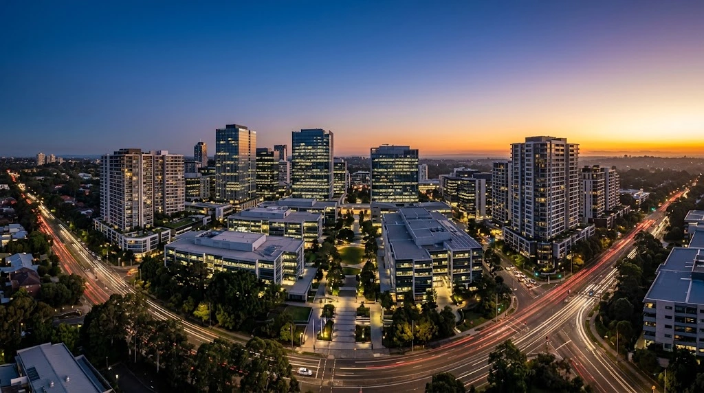Ryde CBD skyline at dusk showing corporate density