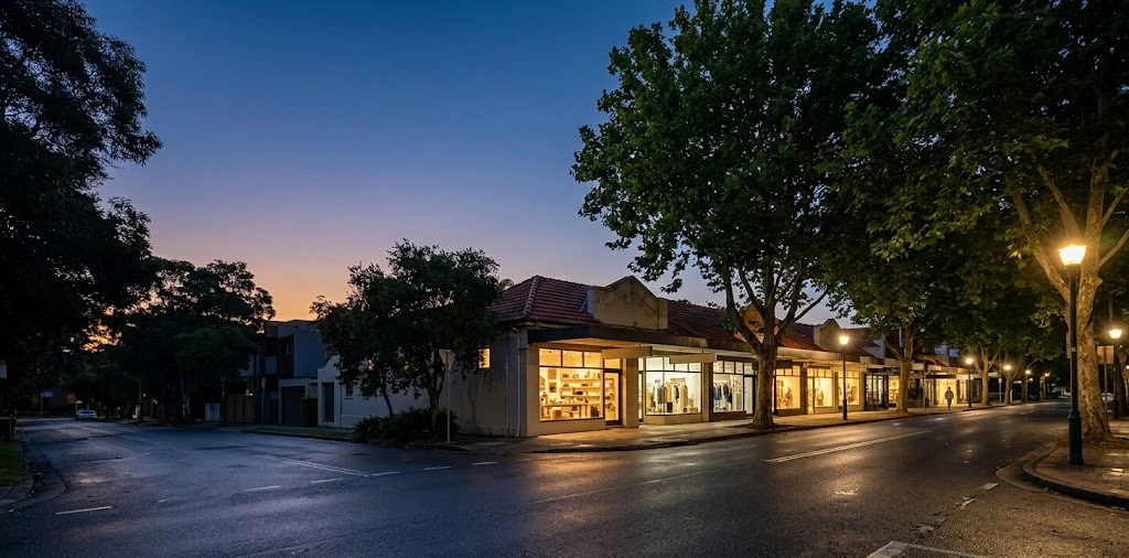 Randwick CBD skyline and retail zones at dusk