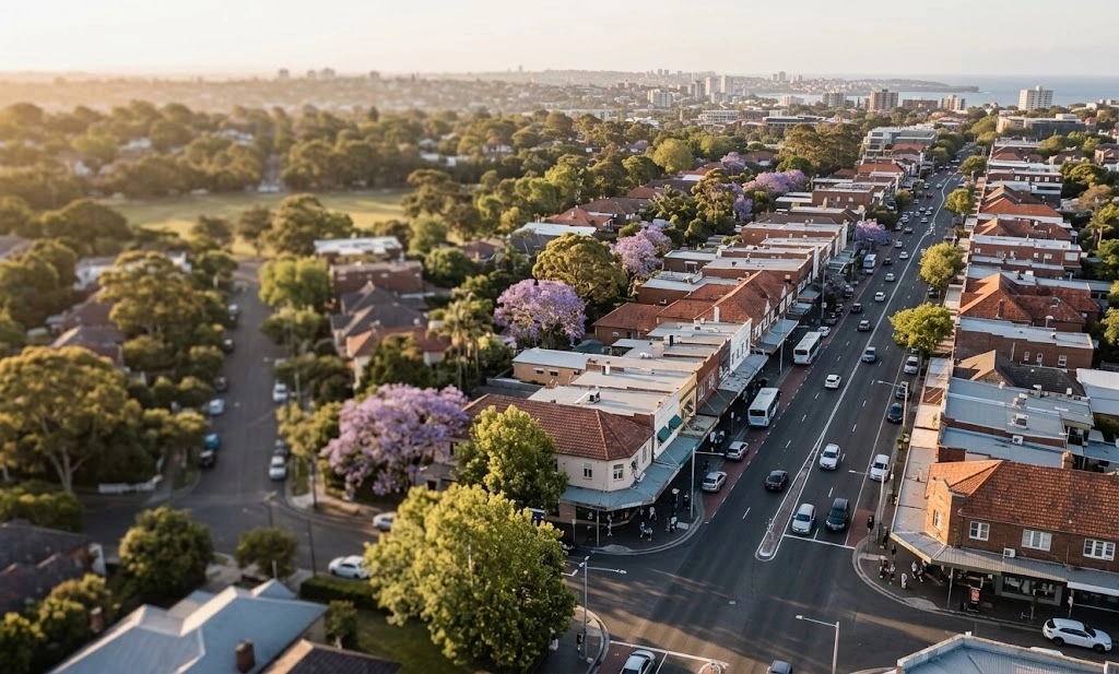 Randwick CBD and Belmore Road retail precincts from above at golden hour