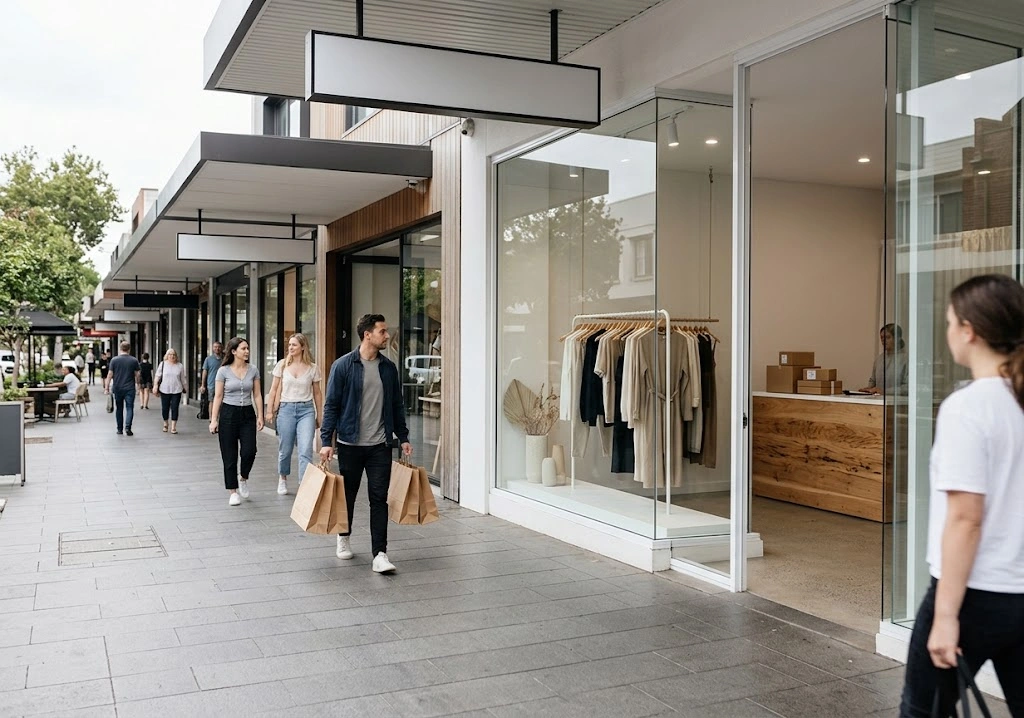 Modern retail storefronts and pedestrian zones in Randwick