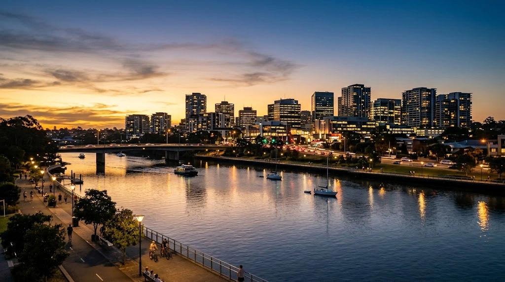 Ryde commercial zones and Parramatta River at dusk