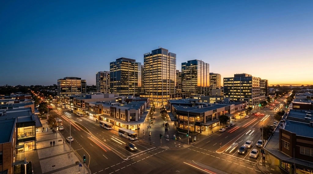 Ryde CBD skyline and retail zones at dusk