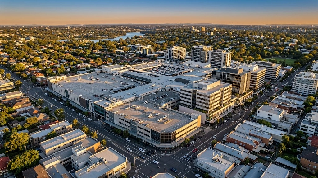 Ryde CBD and Top Ryde City retail precinct from above at golden hour