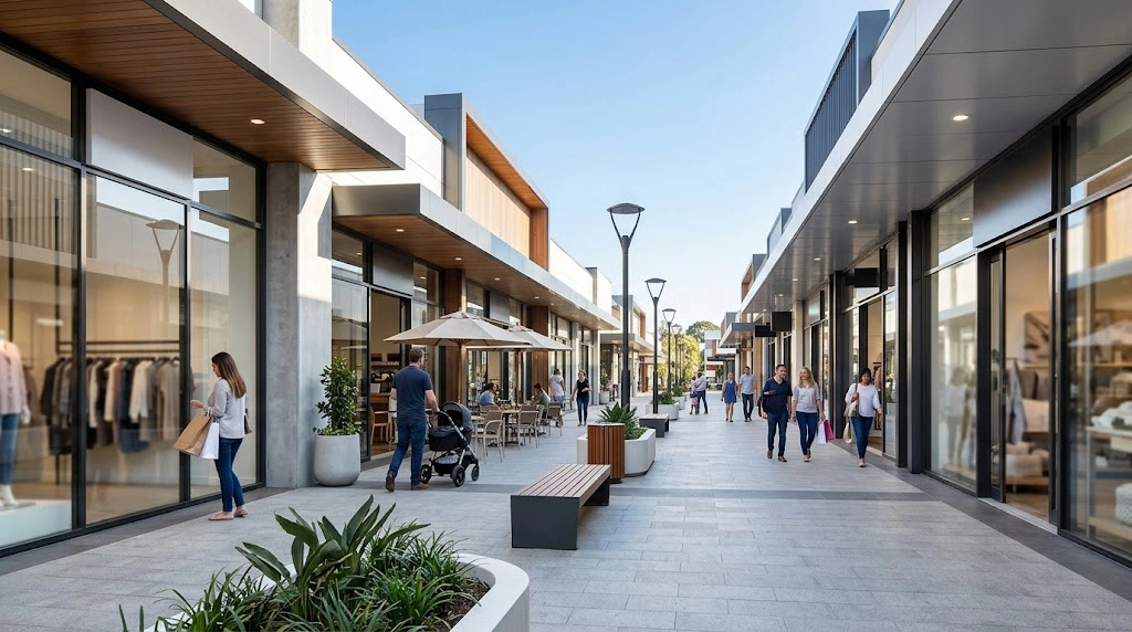 Modern retail storefronts and pedestrian zones in Ryde