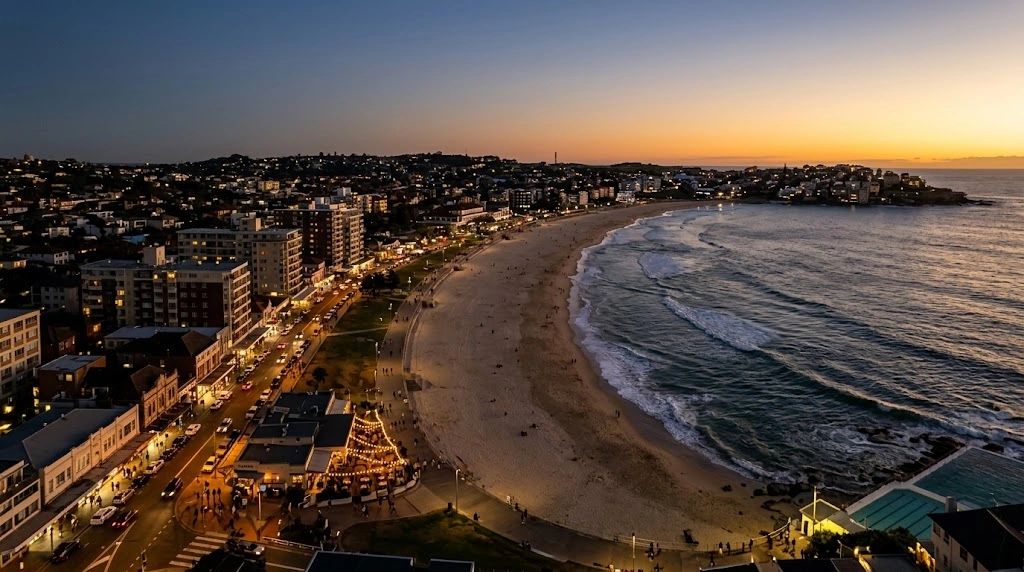 Bondi beachfront and commercial precinct at dusk showing business activity