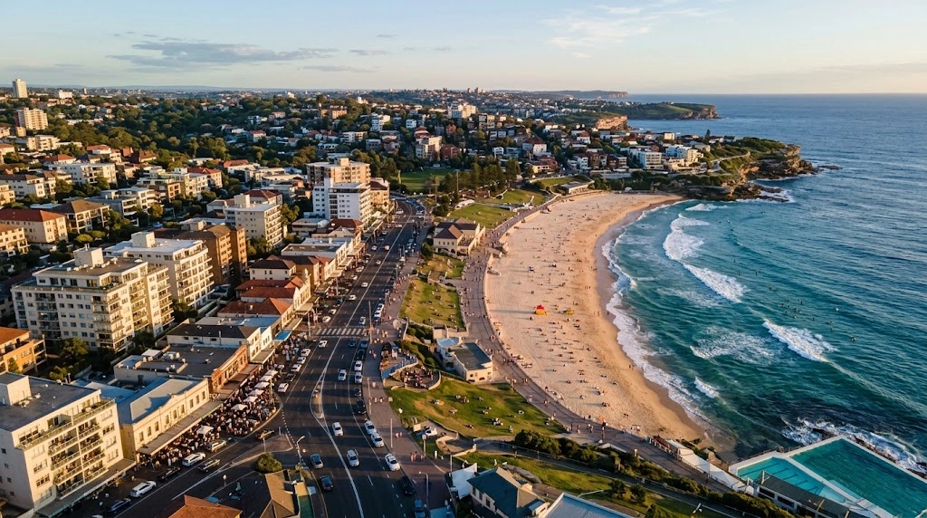 Bondi beachfront and commercial precinct from above at golden hour where Google Ads targeting is focused