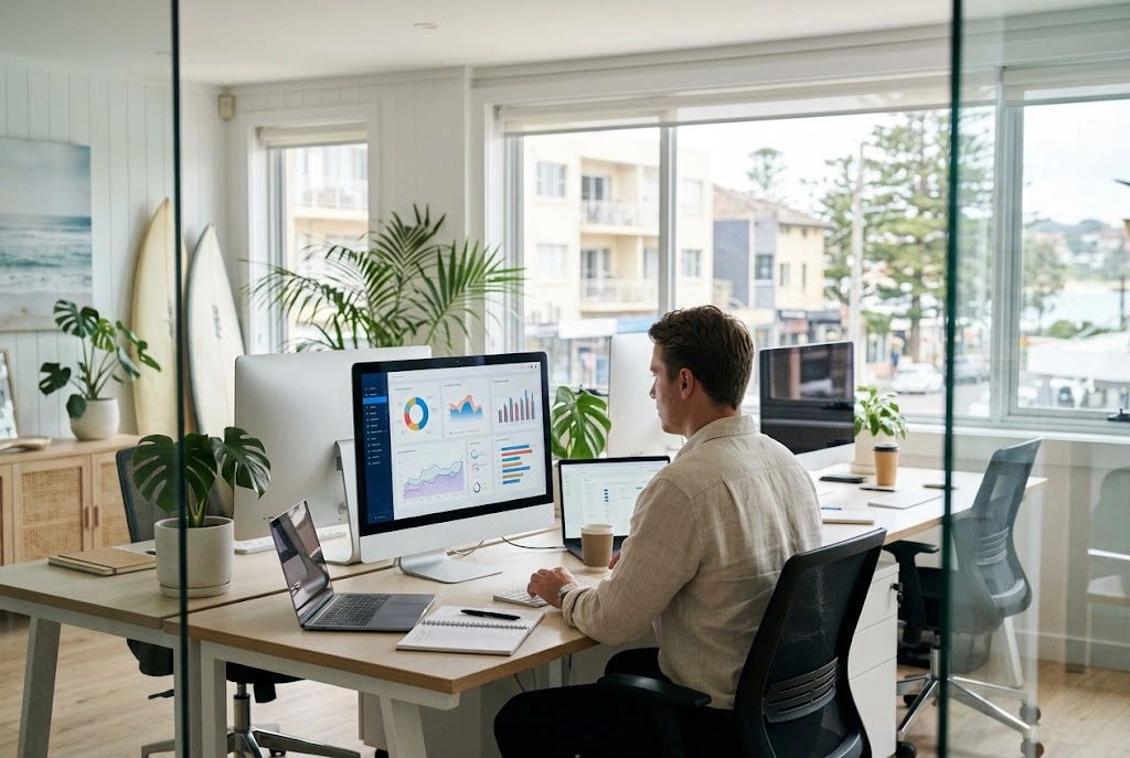 PPC specialist analyzing Google Ads campaign metrics in a Bondi commercial office