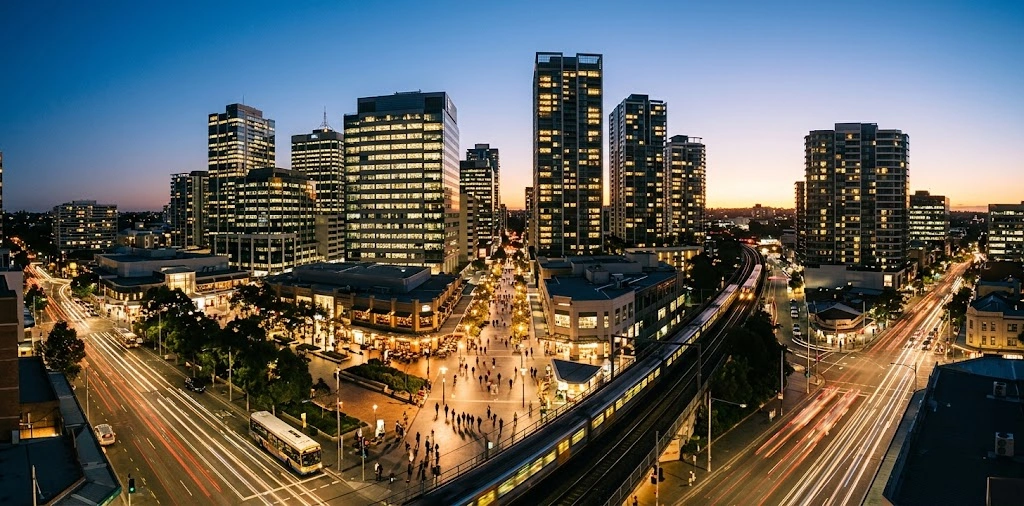Chatswood CBD skyline and retail concourse at dusk showing business activity