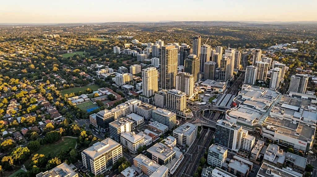 Chatswood CBD skyline, retail precincts, and commercial towers from above at golden hour where Google Ads targeting is focused