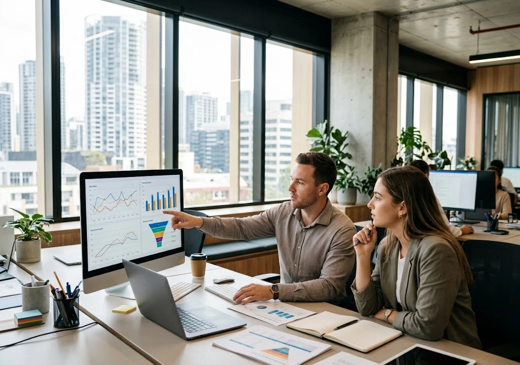 PPC specialist analyzing Google Ads campaign metrics in a Chatswood commercial office