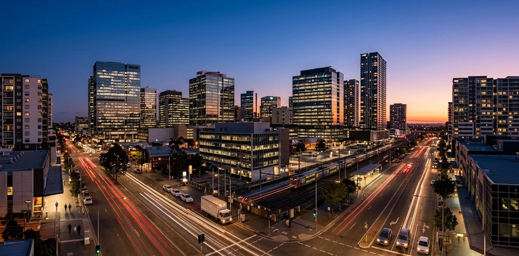 Liverpool CBD commercial skyline at dusk showing regional business activity
